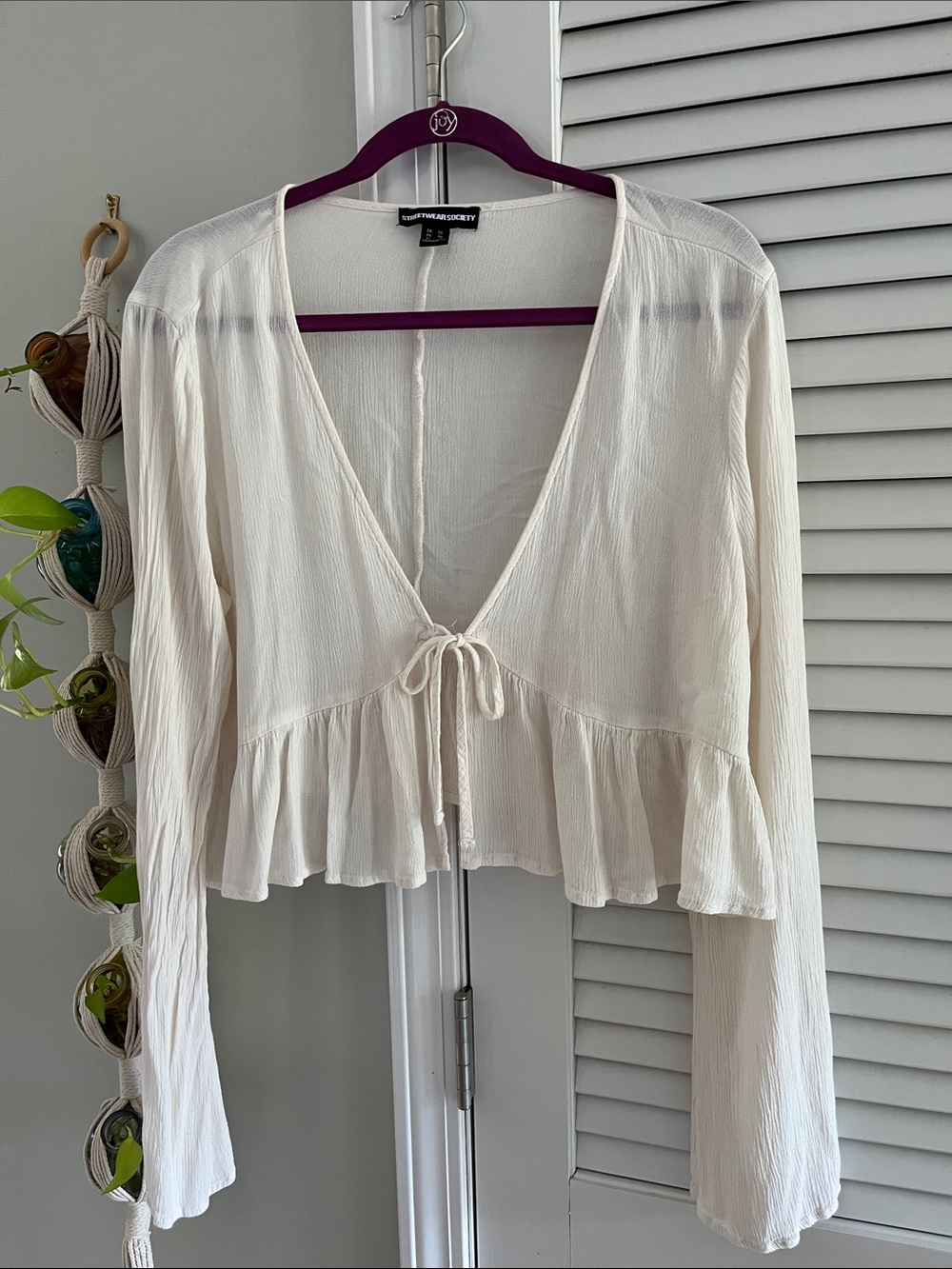Streetwear Society Ivory Tie-Front Ruffle Peplum Top